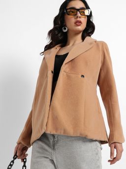 Campus Sutra - Womens Beige Solid Single Breasted Blazer