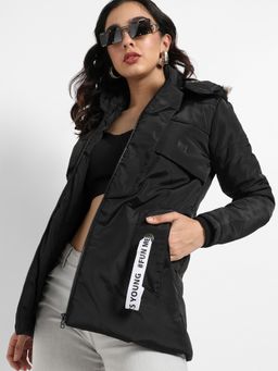 Campus Sutra - Womens Black Zip Front Puffer Jacket With Fur Detail