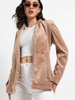 Campus Sutra - Womens Beige Single Breasted Blazer With Insert Pockets