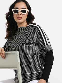 Campus Sutra - Womens Black Raglan Sleeve Textured Pullover Sweater