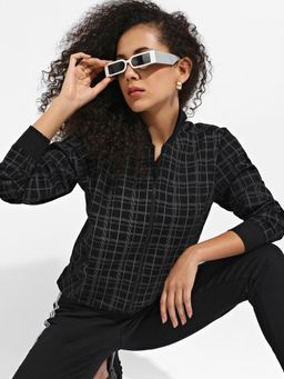 Campus Sutra - Womens Black Tartan Plaid Jacket With Zip Closure
