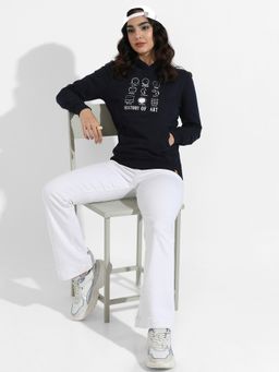 Campus Sutra - Womens Navy Blue History Of Art Hoodie With Kangaroo Pockets