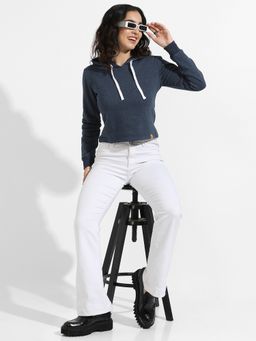 Campus Sutra - Womens Prussian Blue Cropped Pullover Hoodie With Contrast Drawstring