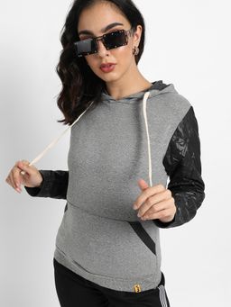 Campus Sutra - Womens Grey & Black Pullover Sweatshirt With Quilted Sleeves