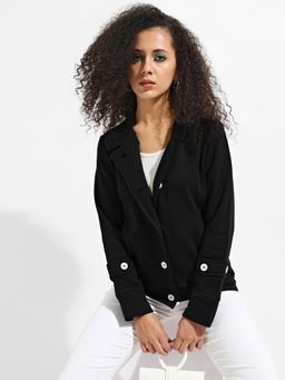 Campus Sutra - Womens Black Single Breasted Jacket With Contrast Button