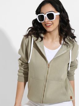 Campus Sutra - Womens Olive Green Zip Front Hoodie With Contrast Drawstring