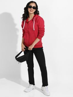 Campus Sutra - Womens Red Zip Front Hoodie With Insert Pocket