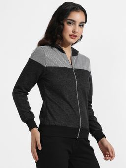 Campus Sutra - Womens Grey Zip Front Hoodie With Polka Dot Detail