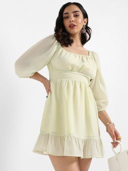 PINACOLADA - Womens Solid Light Yellow Balloon Sleeve Dress