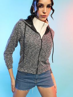 Campus Sutra - Womens Charcoal Grey Zip Front Textured Hoodie