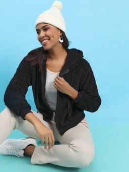 Campus Sutra - Womens Black Fleece Hoodie With Zip Closure