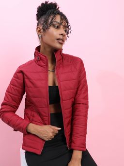 Campus Sutra - Womens Maroon Puffer Jacket With Flap Insert Pockets