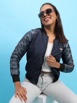 Campus Sutra - Womens Blue Zip Front Bomber Jacket With Camouflage Sleeves