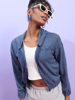 Campus Sutra - Womens Prussian Blue Zip Front Chevron Hoodie With Elasticated Hem