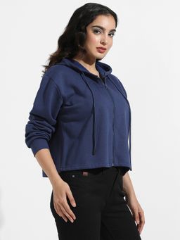 Campus Sutra - Womens Indigo Blue Zip Front Hoodie With Contrast Drawstring