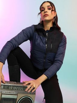 Campus Sutra - Womens Blue Puffer Jacket With Angled Open Pockets