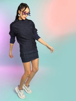 Campus Sutra - Womens Navy Blue Micro Checkered Sweater With Striped Sleeve