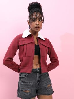 Campus Sutra - Womens Maroon Flap Pocket Jacket With Fur Details