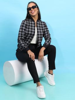 Campus Sutra - Womens Black Zip Front Checkered Jacket With Ribbed Hem