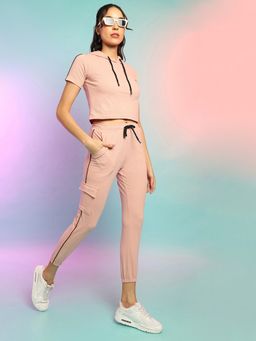 PINACOLADA - Womens Peach Hooded Co Ord With Contrast Piping (Set of 2)