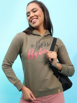 Campus Sutra - Womens Olive Green Boss Babe Hoodie With Kangaroo Pockets