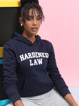 Campus Sutra - Womens Navy Blue Hardened Law Hoodie With Kangaroo Pockets