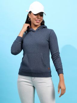 Campus Sutra - Womens Prussian Blue Heathered Hoodie With Kangaroo Pocket