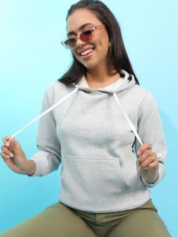 Campus Sutra - Womens Light Grey Pullover Hoodie With Kangaroo Pockets