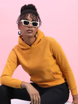 Campus Sutra - Womens Mustard Yellow Pullover Hoodie With Kangaroo Pockets