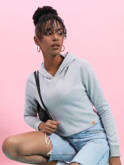 Campus Sutra - Womens Light Grey Pullover Hoodie With Contrast Drawstrings