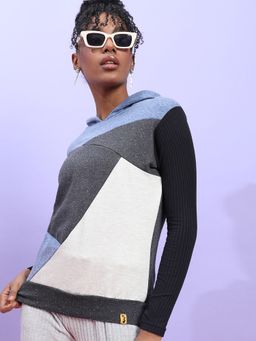 Campus Sutra - Womens Multicolour Colourblock Hoodie With Ribbed Sleeves