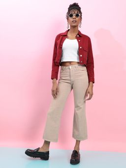 Campus Sutra - Womens Maroon Cropped Jacket With Flap Pocket