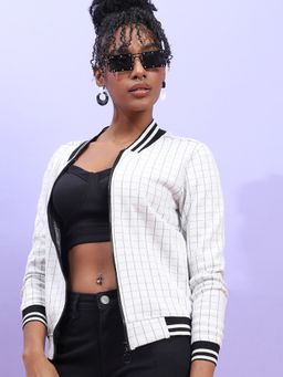 Campus Sutra - Womens Grey Zip Front Checkered Jacket With Contrast Hem