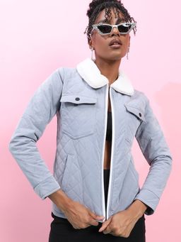 Campus Sutra - Womens Light Grey Quilted Jacket With Fur Details