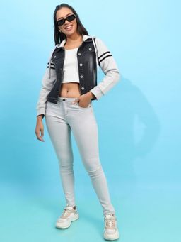 Campus Sutra - Womens Grey And Black Denim Jacket With Sweatshirt Sleeve