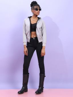 Campus Sutra - Womens Light Grey Zip Front Puffer Jacket With Contrast Drawstring