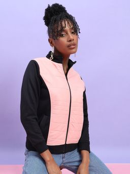 Campus Sutra - Womens Peach And Black Zip Front Jacket With Quilted Details
