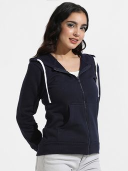 Campus Sutra - Womens Navy Blue Zip Front Hoodie With Contrast Drawstring