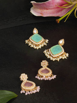 Zaveri Pearls - Combo Of 2 Pink Mint Green Stones Diamonds Drop Earrings