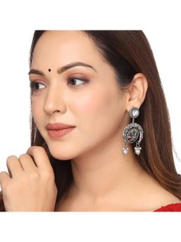 Yellow Chimes - Silver Oxidised Stone Studded Semi Round Drop Designed Earrings