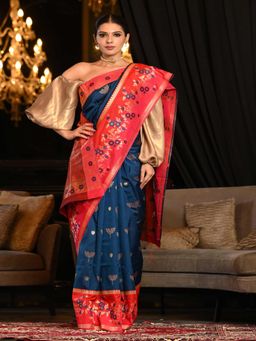 Beatitude - Blue Woven Paithani Saree with Unstitched Blouse