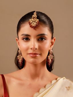 Voylla - Kundan Maroon Pearl-Beaded Gold Plated Jewellery Set