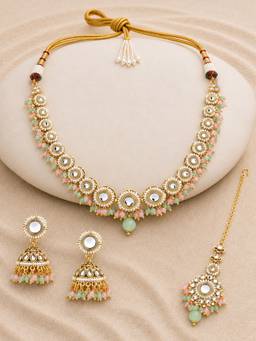 Voylla - Kundan Multi-Color Pearl-Beaded Gold Plated Jewellery Set