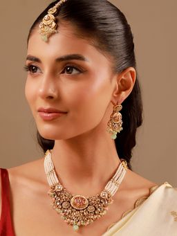Voylla - Kundan Multi-Color Cz-Pearl Gold Plated Necklace Set