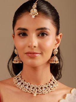 Voylla - Kundan White Pearl-Beaded Gold Plated Necklace Set