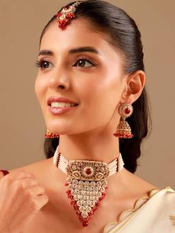 Voylla - Kundan Red Cz-Pearl Beaded Gold Plated Choker Set
