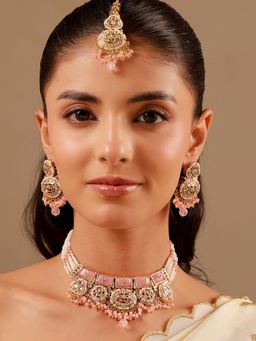 Voylla - Kundan Light Pink Cz-Pearl Medallion Gold Plated Necklace Set