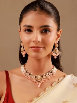 Voylla - Kundan Light Pink Pearl-Beaded Gold Plated Necklace Set
