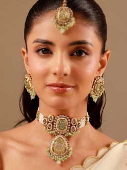 Voylla - Kundan Light Green Cz-Pearl Beaded Gold Plated Choker Set
