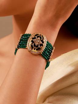 Voylla - Kundan Green Cz-Pearl Beaded Gold-Plated Bracelet